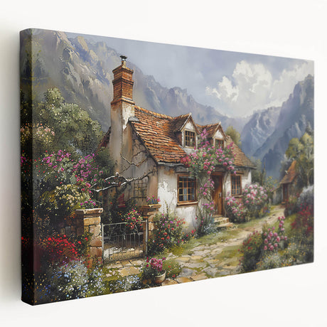 Large art print of quaint cottages in muted earth tones on stretched canvas, suitable for kitchen wall art.