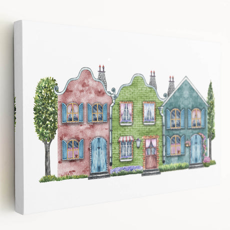 Large art print of a cottage architecture design on stretched canvas, in muted earth tones, ideal for kitchen wall decor.