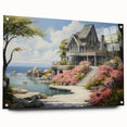 Acrylic glass print of large abstract wall art featuring asymmetric cottage designs in neutral tones.