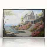 Framed acrylic print of cottages in an art deco style, using muted gray and blue tones, ideal for nursery wall decor.