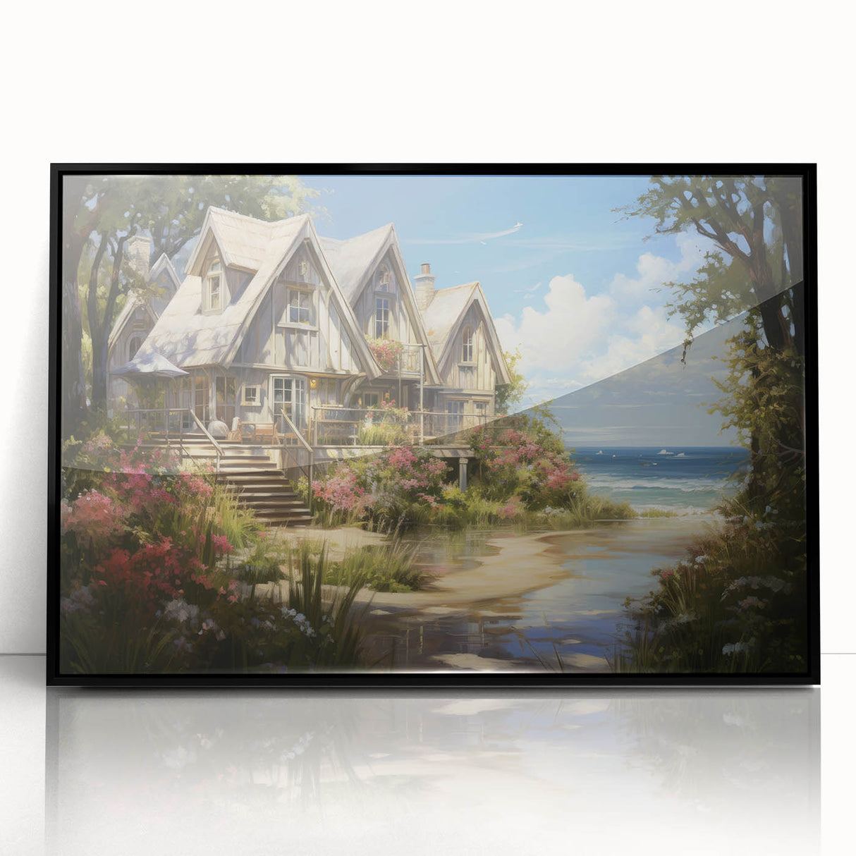 Large abstract wall art featuring mid-century modernist style, displayed in a black framed acrylic.