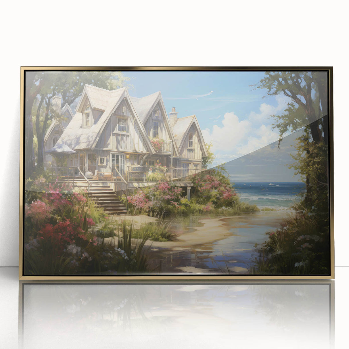 Mid-century modernist art of geometric cottages in muted earth tones on a framed acrylic, ideal for nursery wall art.