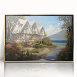 Mid-century modernist art of geometric cottages in muted earth tones on a framed acrylic, ideal for nursery wall art.