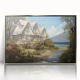 Art Deco style poster featuring a series of stylized cottages in silver and gray tones, framed acrylic.