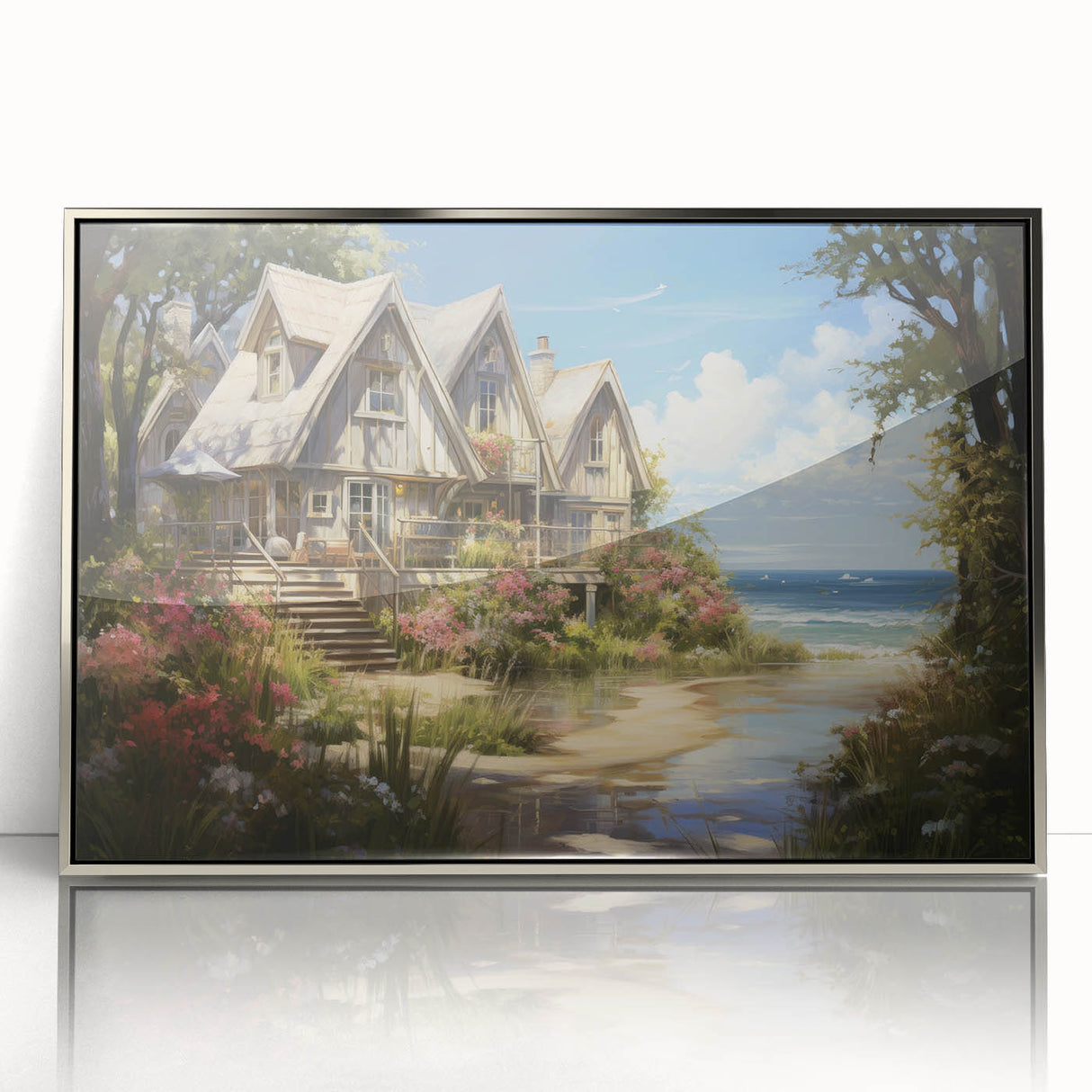 Art Deco style poster featuring a series of stylized cottages in silver and gray tones, framed acrylic.