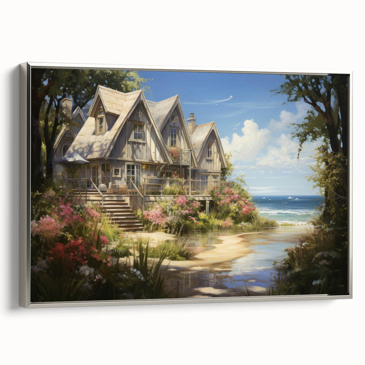 Framed canvas of a vintage poster featuring black and white landscape art paintings of cottages.