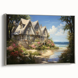 Framed canvas of a vintage poster featuring black and white landscape art paintings of cottages.