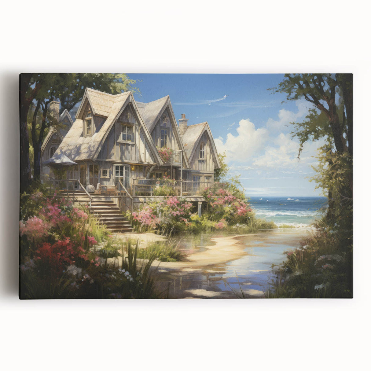 Black and white photograph of quaint cottages, printed on large stretched canvas, suitable for kitchen wall art.