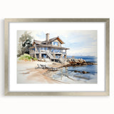 Textured abstract art print of cottages in muted earth tones on a framed silver mat, suitable for bedroom decor.