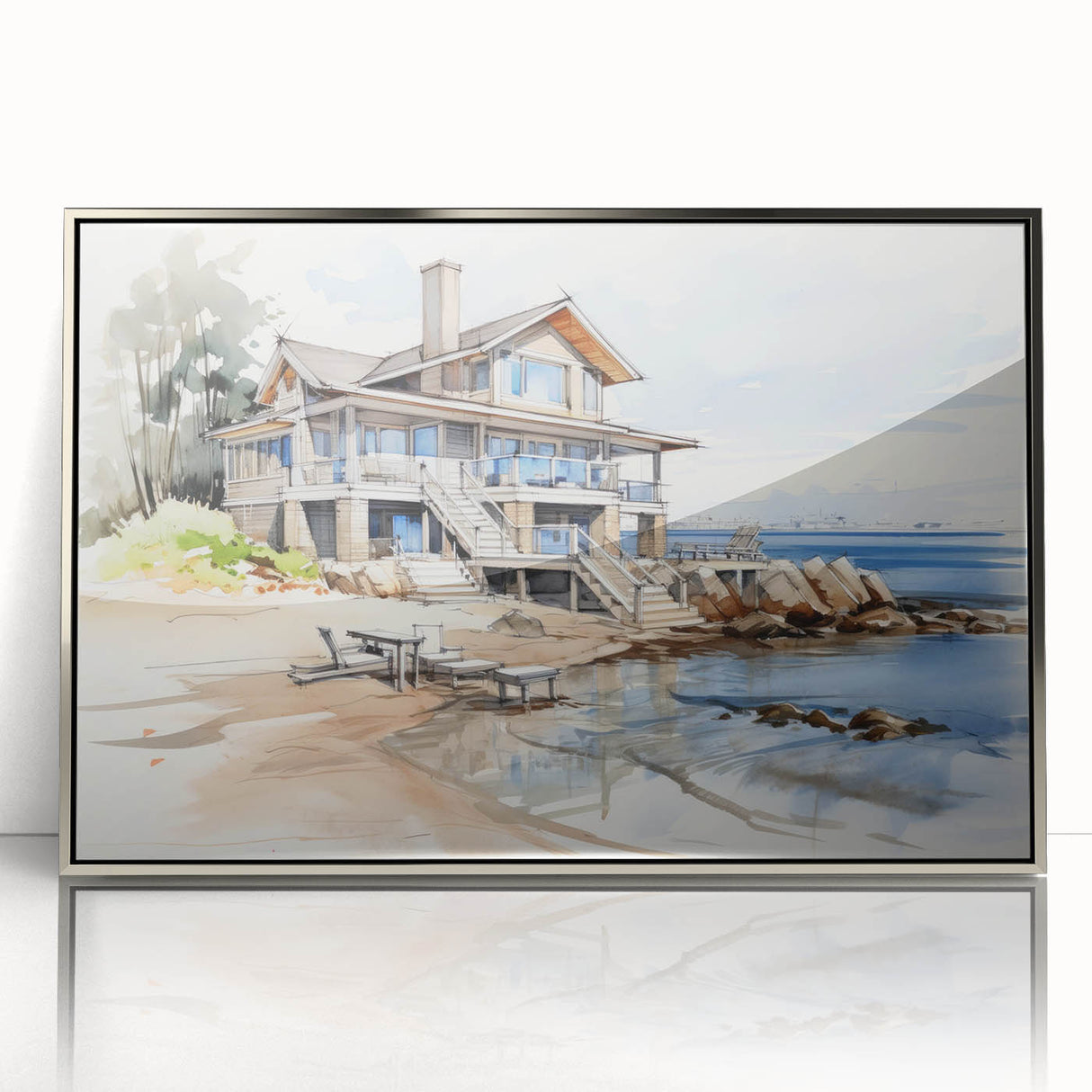 Mid-century modernist art depicting a series of stylized cottages in muted earth tones, framed in silver acrylic.