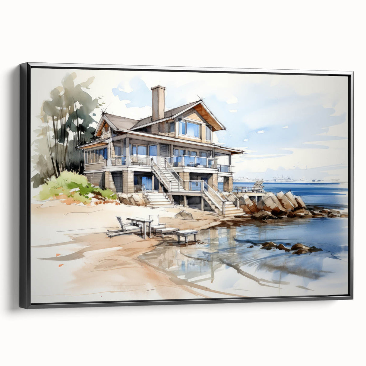 Black and white vintage poster art of cottages in a landscape on framed canvas, ideal for bedroom wall decor.