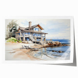 Rolled print of cottages with floral designs in soft pastel colors, ideal for art wall dining room.