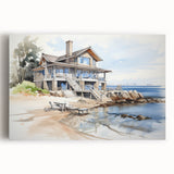 A black and white print of quaint cottages on stretched canvas, ideal for kitchen wall art.