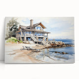 Black and white photo of quaint cottages on stretched canvas, ideal for kitchen wall art or bedroom.