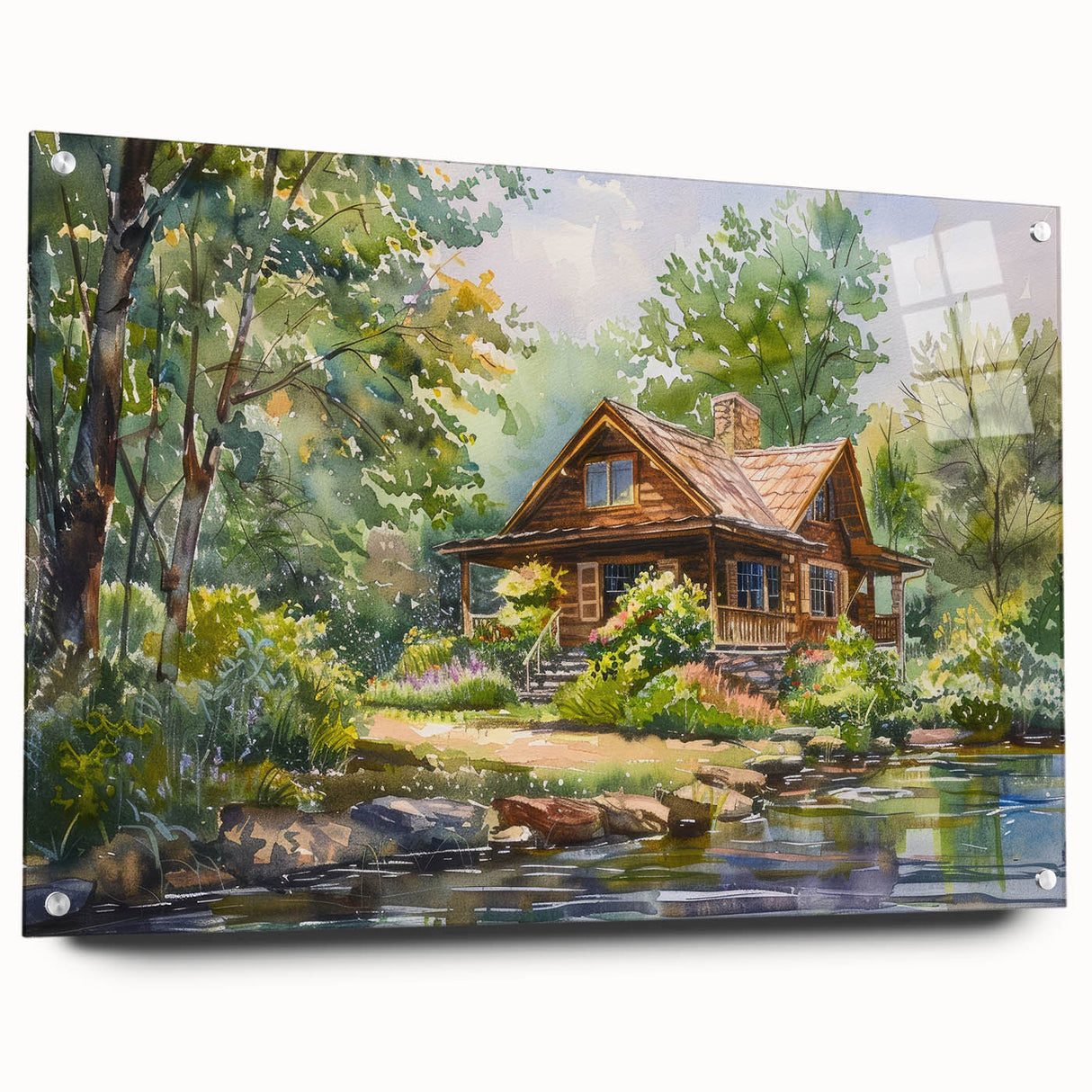 Large abstract wall art on acrylic glass depicting cottages in muted earth tones, suitable for bedroom or dining room decor.