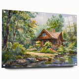 Large abstract wall art on acrylic glass depicting cottages in muted earth tones, suitable for bedroom or dining room decor.