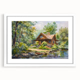 Extra large abstract art print of textured cottages in muted earth tones, framed with a white mat.