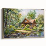 Extra large framed canvas featuring a vintage poster art of colorful cottages, ideal for living room decor.