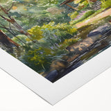 Art deco poster featuring a row of colorful cottages, printed on rolled canvas, suitable for dining room wall art.