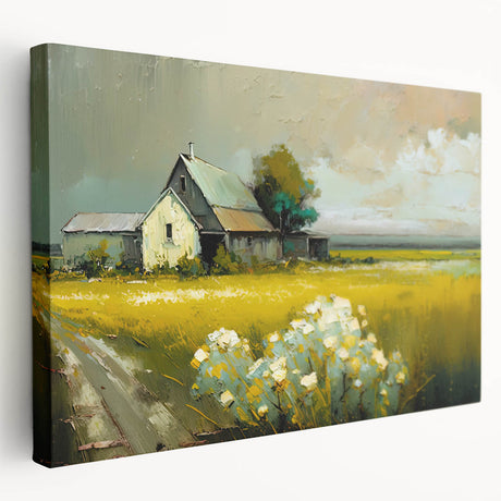 Large stretched canvas featuring a row of detailed cottage designs in neutral earth tones, ideal for kitchen wall art.