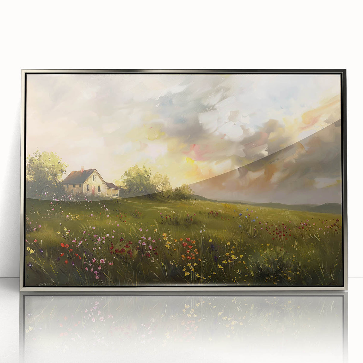 Art deco poster depicting modern architecture and cottages, framed in silver acrylic, suited for nursery wall art.
