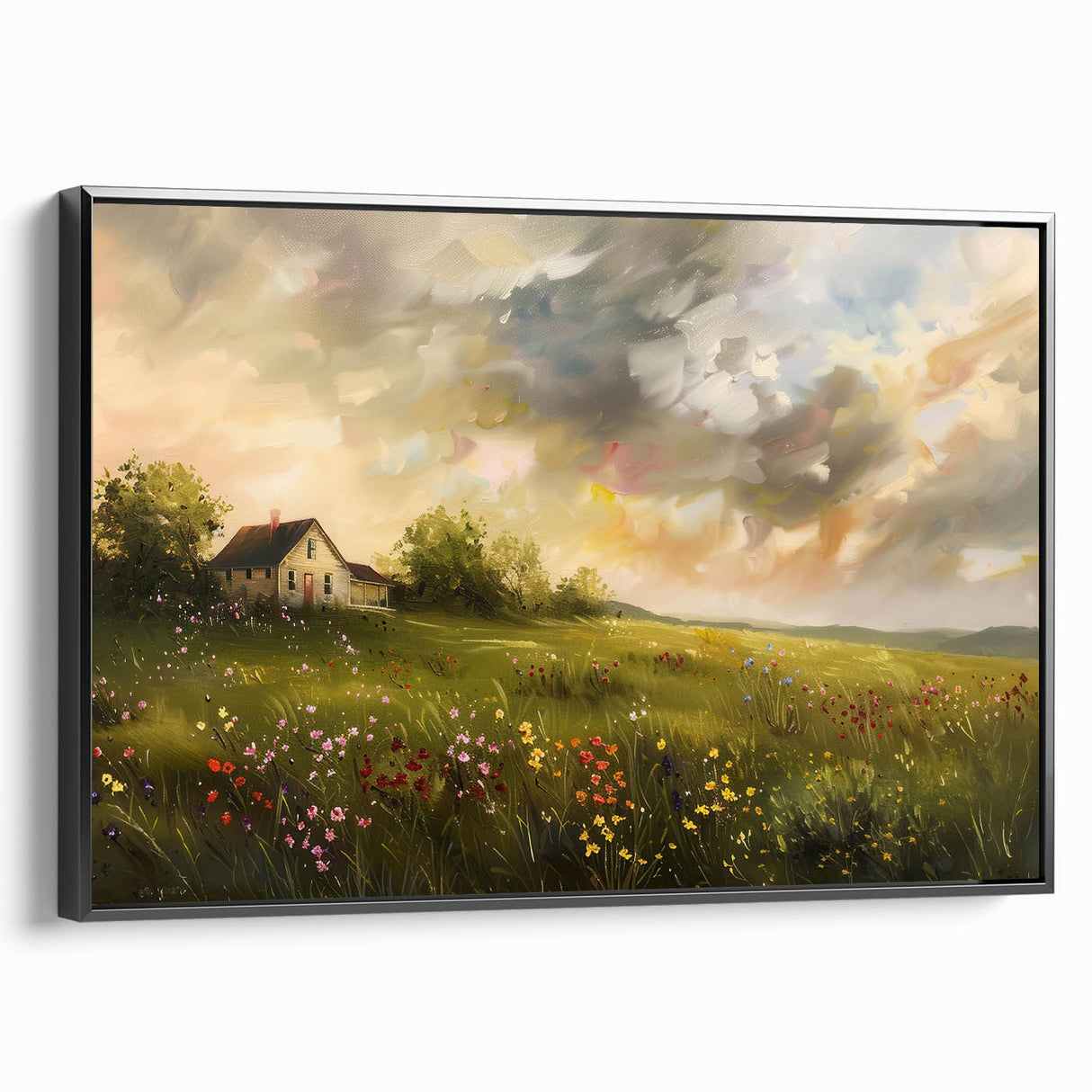 Black and white vintage poster art featuring a landscape of cottages, printed on framed canvas, ideal for bedroom decor.