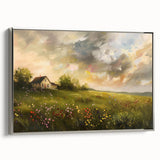 Framed canvas depicting a vintage-style landscape with cottages in muted earth tones, ideal for bedroom wall art.