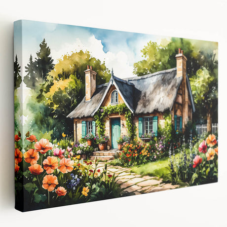Large art print of quaint cottage architecture on stretched canvas, with warm earth tones, ideal for kitchen wall decor.