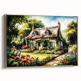Framed canvas featuring a series of vintage-style cottages in landscape, with black and gold tones.