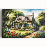 Black and white photo of quaint cottages on stretched canvas, ideal for kitchen wall art.