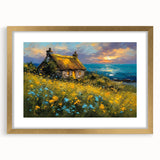 Abstract art print depicting geometric shapes in muted gold and black, framed in gold.