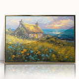 Mid-century modernist art depicting cottages in pastel shades, framed in gold acrylic, ideal for nursery wall decor.