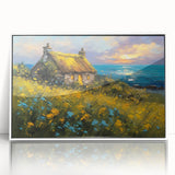 Mid-century modernist cottages in muted earth tones on a framed acrylic, ideal for nursery wall art.