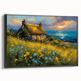 Black and white framed canvas featuring a vintage poster art style landscape of cottages, ideal for bedroom wall decor.