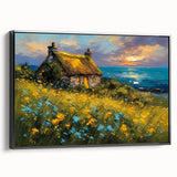 Black and white framed canvas featuring a vintage poster art style landscape of cottages, ideal for bedroom wall decor.
