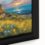 Extra large framed canvas featuring textured, black wall art of colorful cottages in a minimalist style.