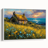 Framed canvas featuring a landscape art painting of colorful vintage cottages in a row on a black background.