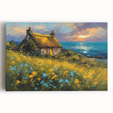 Black and white print of quaint cottages on stretched canvas, ideal for kitchen wall art.