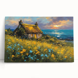 Black and white photo of cottages on stretched canvas, ideal for kitchen wall art.