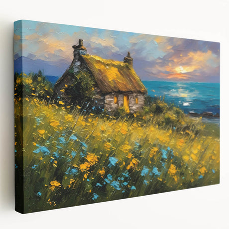 Large art print of quaint cottages in muted earth tones on stretched canvas, suitable for kitchen wall art.