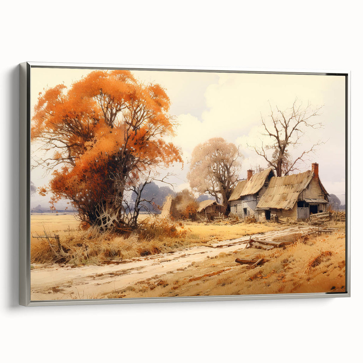 Framed canvas depicting a vintage landscape painting of colorful cottages, ideal for adding a classic touch to a living room.