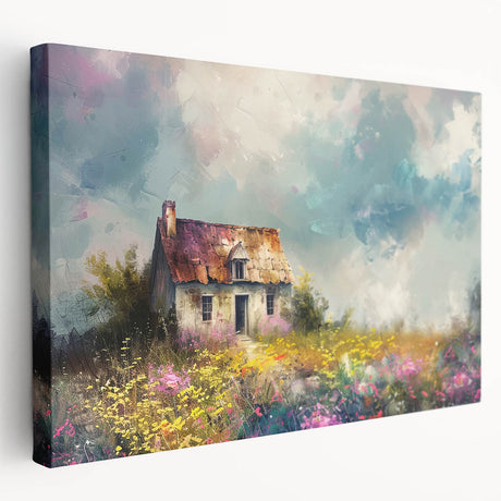 Collection of four large stretched canvases featuring quaint cottage designs in soft earth tones.