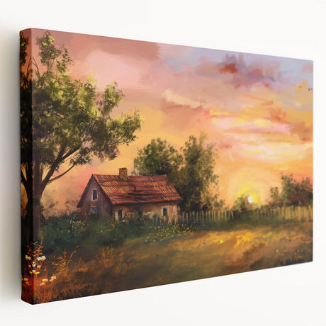 Row of quaint European-style cottages in muted earth tones on a stretched canvas, suitable for kitchen wall art.