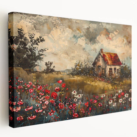 Row of colorful cottage facades in a realistic style on a large stretched canvas, suitable for kitchen wall art.