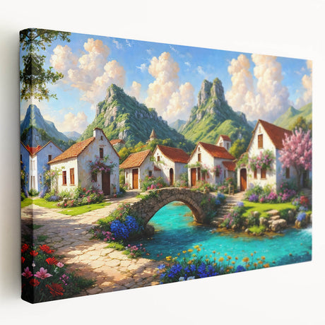 Row of quaint European cottages in muted earth tones on a stretched canvas, ideal for kitchen wall art.