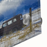 Large abstract wall art on acrylic glass featuring mid-century modernist architecture in muted earth tones.