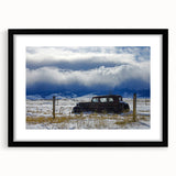 Extra large abstract art print featuring a colorful, textured depiction of architectural dereliction on a framed black mat.