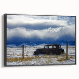 Black and white framed canvas featuring a vintage landscape painting, ideal for bedroom decor.