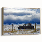 Framed canvas depicting a vintage landscape painting with black and gold tones, ideal for bedroom wall art.
