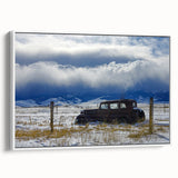 Framed canvas vintage poster art featuring a black and colorful abstract design, suitable for living room decor.